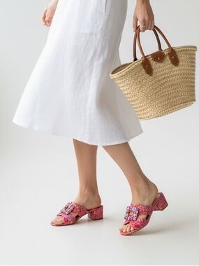 Alex Marie Embellished Floral Mule Sandals Size 8 Pink Jeweled Buckle Block Heel